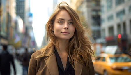 An elegant woman with a captivating gaze walks the vibrant city streets, her presence a blend of natural beauty and urban sophistication. Generative AI.の素材
