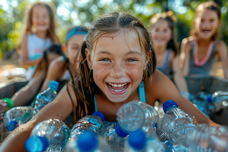A young girl smiling with delight, surrounded by a sea of recyclable plastic bottles, capturing the spirit of environmental education and playfulness. Generative AI.の素材