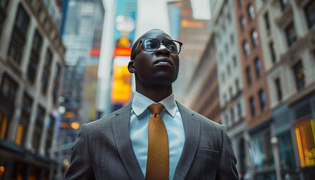 A confident businessman stands poised in a bustling city environment, embodying professionalism and forward-thinking in the heart of downtown. Generative AI.の素材