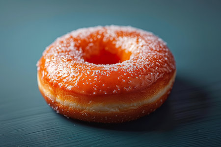 Close-up of a freshly glazed donut with a sparkling sugar coating, set against a cool, dark background. Generative AI.の素材