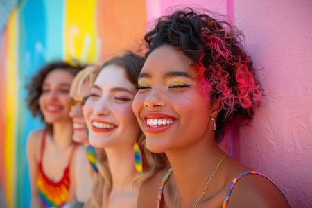 A group of friends radiate happiness, their laughter and colorful makeup set against a rainbow mural, symbolizing the joy of Pride. Generative AIの素材