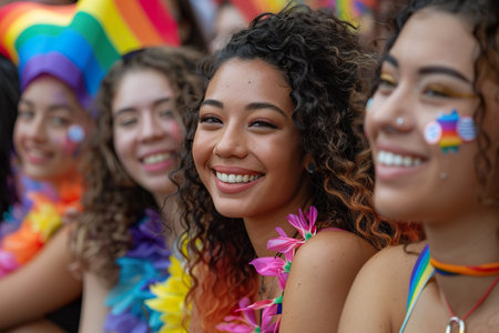 A candid moment among friends adorned with vibrant necklaces, sharing laughter at a Pride event, representing companionship and celebration. Generative AI.の素材