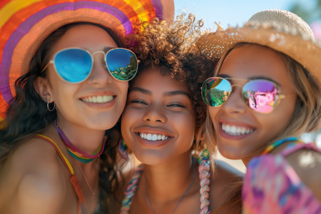 Three friends capture a sunny selfie moment, sporting reflective sunglasses and vibrant headwear, exuding the carefree energy of a Pride celebration. Generative AI.の素材