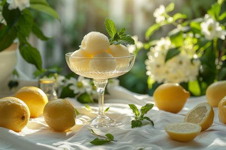 A delicate arrangement of lemon sorbet served in a classic glass bowl, accompanied by fresh lemons and mint leaves. Generative AI.の素材