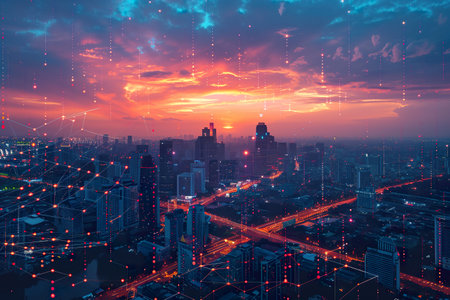 Futuristic metropolis at night, illuminated by dynamic digital data streams and glowing urban lights. Generative AI.の素材