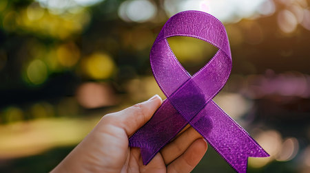 A close-up shot of a vibrant purple satin awareness ribbon held in a hand, symbolizing support for epilepsy and awareness campaigns. Generative AI.の素材