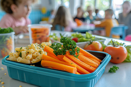 A child's lunchbox arranged with allergy-friendly alternatives, vibrant carrot sticks, pasta, and tomatoes. Generative AI.の素材