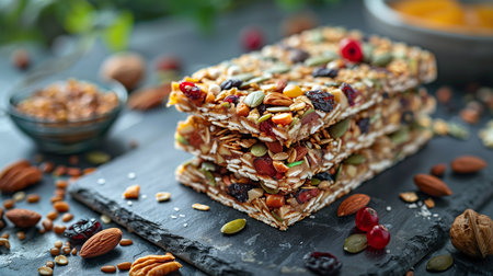 Stacked homemade granola bars packed with nuts, seeds, and dried fruits, perfect for a nutritious and energy-boosting snack. Generative AI.の素材