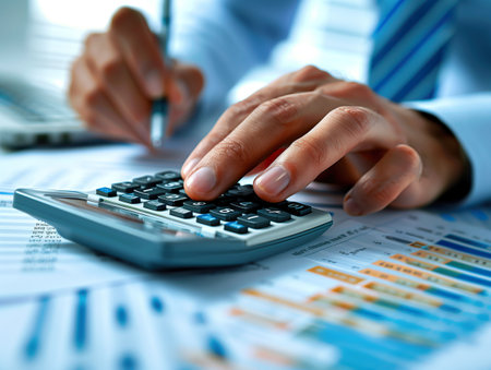 Close-up image of a professional at work, focusing on financial data analysis using a calculator for tax calculations, surrounded by financial charts and business documents. Generative AI.の素材