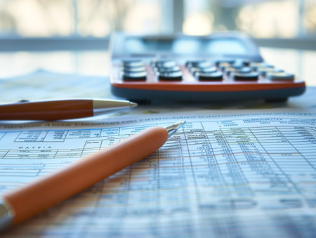 Close-up photo of a calculator, tax forms, and financial documents on a desk. Generative AI.の素材