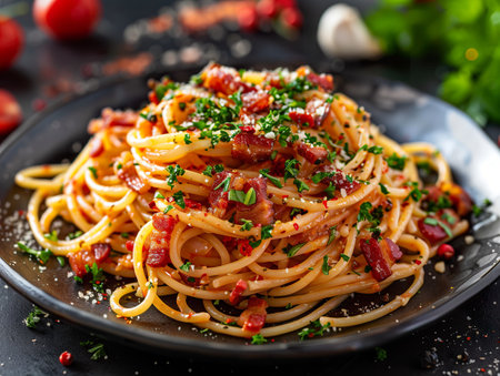 An appetizing plate of spaghetti with crispy bacon bits, garnished with fresh parsley and a hint of spice, ready to delight the taste buds. Generative AI.の素材