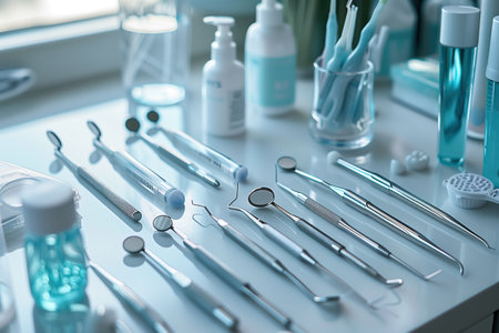Modern dental care, with close-ups on an array of sterilized dental neatly arranged on a tray. Generative AI.の素材