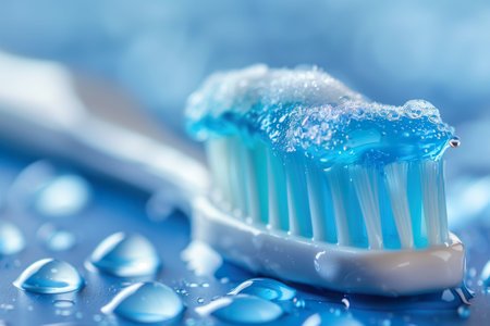 Close-up of a toothbrush with blue gel toothpaste and fresh water droplets. Generative AI.の素材