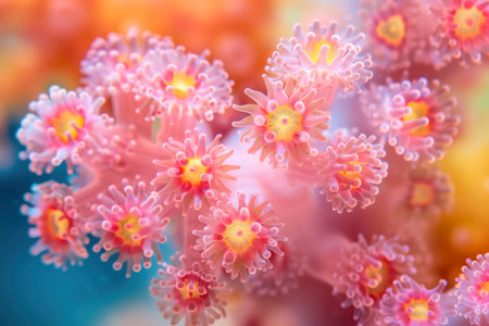 Close-up of pink coral polyps resembling flowers in bloom, set against a warm, colorful underwater backdrop. Generative AI.の素材