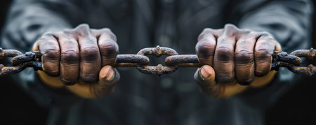 Hands tightly gripping a rusted chain, symbolizing struggle, resilience, and the yearning for liberation. Generative AI.の素材