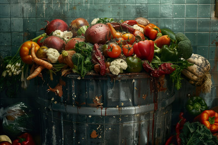 Close-up of a garbage bin in a kitchen, overflowing with various types of expired food, from vegetables to meat. Generative AI.の素材
