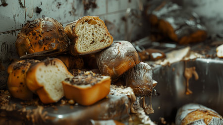 Close-up view of a kitchen sink piled with expired breads, featuring mold and staleness. Generative AI.の素材
