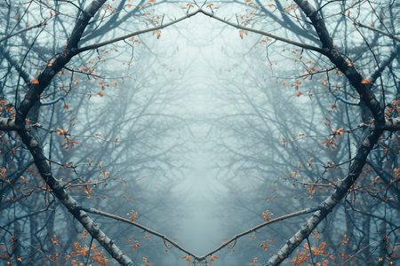 Misty forest scene with bare branches and a few autumn leaves, creating a serene and mystical atmosphere.の素材