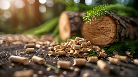 Close-up of wood pellets scattered on a log with freshly cut timber and green foliage in the background.の素材