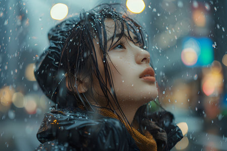 A woman looks up in a rainy city night, with raindrops glistening on her face and blurred city lights in the background, creating a reflective and serene atmosphere.の素材