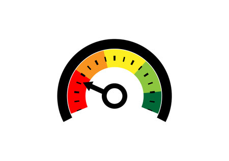 Illustration of gauge with male symbol as indicator pointing to red zone symbolizing erectile dysfunction.のイラスト素材