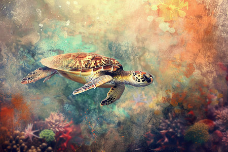 Illustration of a sea turtle gliding peacefully through a vibrant, colorful underwater scene.の素材