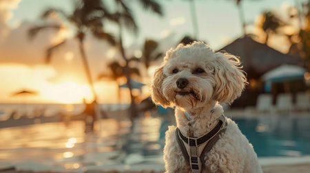 A cute white  poodle wearing a harness sits by the poolside, with a picturesque sunset and palm trees in the background.の素材