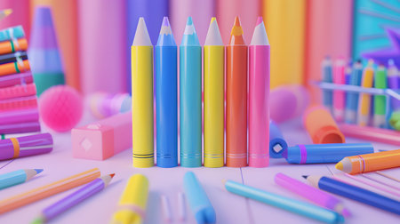 A colorful assortment of art supplies, including bright pencils and markers, arranged in an inviting and creative layout.の素材