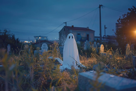 An eerie scene of a ghostly figure in a graveyard at dusk, with overgrown grass and gravestones illuminated by the soft glow of twilight.の素材