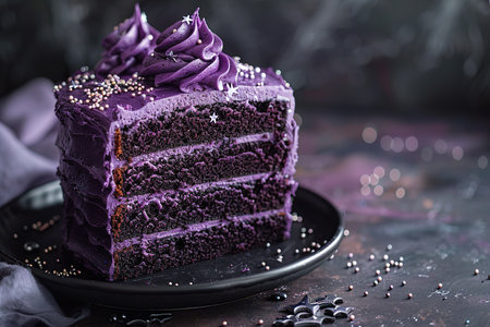 A close-up of a delectable slice of purple velvet cake with layers of rich, dark chocolate and vibrant purple frosting, adorned with silver sprinkles and stars.の素材