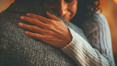 A close-up of a heartfelt hug between two people, showcasing the warmth and tenderness of human connection with soft, cozy textures and a serene expression.の素材