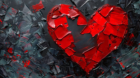 An abstract painting depicting a fragmented heart in bold red against a dark, textured background.の素材