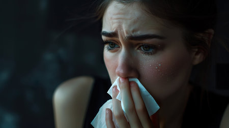 Close-up of a young woman with tears on her face, holding a tissue to her nose, in a dark room, showing deep emotion and sadnessの素材