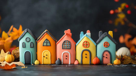 Adorable ghost-shaped gingerbread houses decorated with colorful icing, capturing the playful and spooky spirit of Halloween.の素材