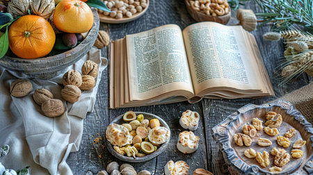 A charming display of eco-friendly snacks, including fresh fruit and nuts, artfully arranged on a rustic wooden table.の素材