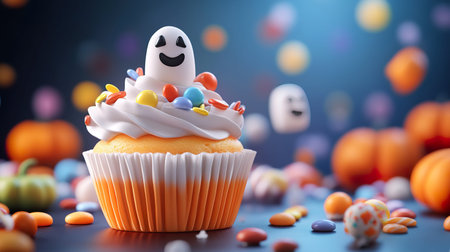 A delightful Halloween cupcake topped with a cheerful ghost and colorful candy decorations, set in a festive atmosphere with pumpkins and candy.の素材