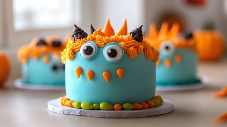 A charming monster-themed cake featuring bright blue and orange icing, complete with playful eyes and horns.の素材