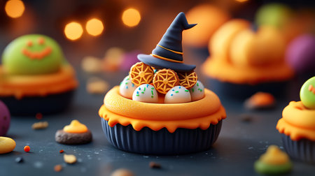A festive Halloween-themed cupcake topped with a whimsical witch hat, decorated with colorful sprinkles and orange icing, surrounded by other seasonal treats.の素材