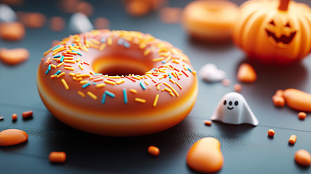A festive donut topped with colorful sprinkles, surrounded by cute ghost decorations and jack-o-lanterns.の素材