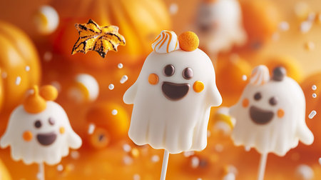 Festive Halloween cake pops shaped like cheerful ghosts, decorated with colorful accents and surrounded by a playful autumn backdrop.の素材