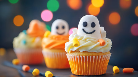 Festive Halloween cupcakes featuring adorable ghost decorations made from fluffy marshmallow frosting, accented with colorful sprinkles and candy corn.の素材