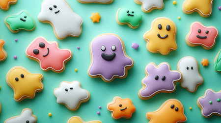 A delightful assortment of ghost-shaped cookies in vibrant pastel colors, each with cheerful expressionsの素材