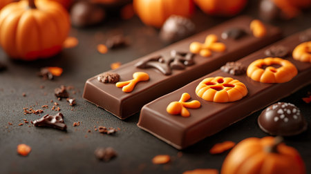 Gourmet chocolate bars adorned with Halloween-themed decorations, including pumpkins and bones, set against a festive background of autumn leaves and mini pumpkins.の素材