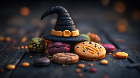 A delightful assortment of Halloween-themed cookies, featuring vibrant colors and a black witch hat, set against a dark wooden background.の素材