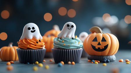 A spooky yet adorable Halloween display featuring ghost-themed cupcakes topped with fondant ghosts and colorful frosting, accompanied by a smiling Jack-o-Lantern, set against a festive, bokeh-lit background.の素材