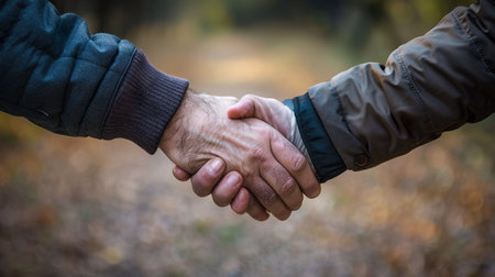 A close-up image of two people shaking hands, symbolizing agreement, trust, and partnership.の素材