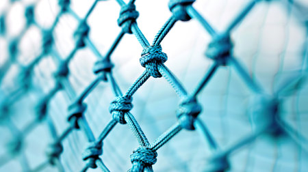 A detailed close-up image of a blue knotted rope net, showcasing the texture and pattern of the tightly woven cords.の素材