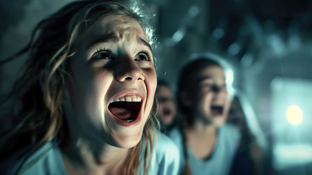 A close-up of children screaming in terror, their faces expressing fear and shock, captured in dim, dramatic lighting.の素材