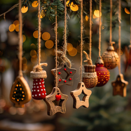 A close-up of a collection of handmade Christmas ornaments hanging from a tree.の素材
