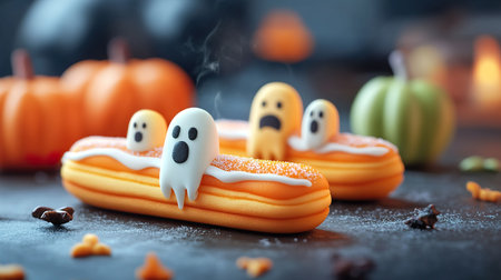 Spooky yet adorable Halloween-themed eclairs topped with playful ghost decorations and orange icing.の素材